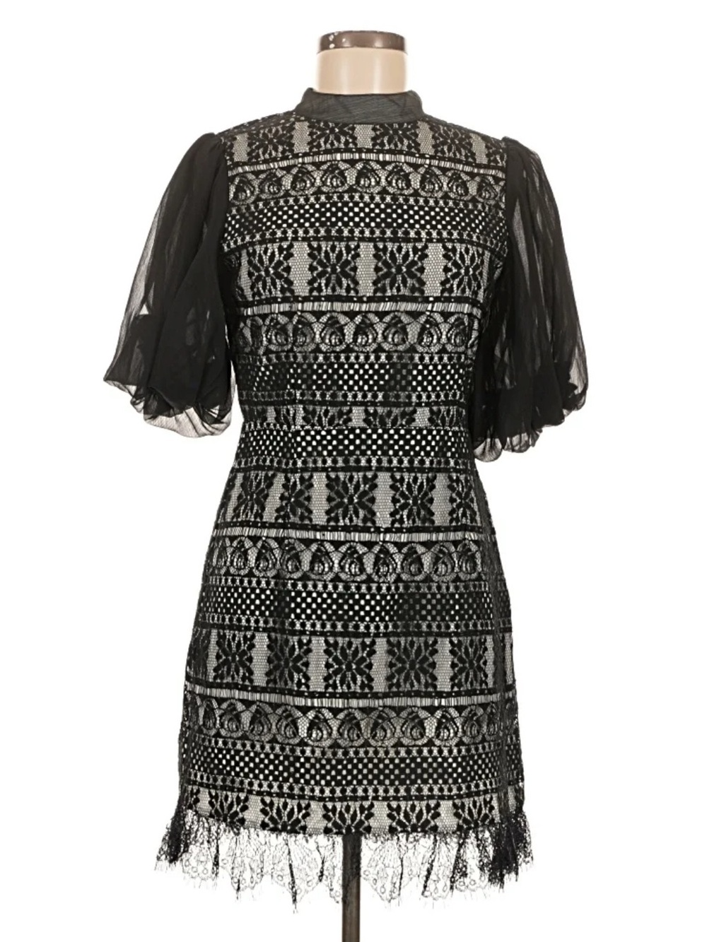 One33 Social 2 Black & White Lace-Pattern Puff Sleeve Mini Dress